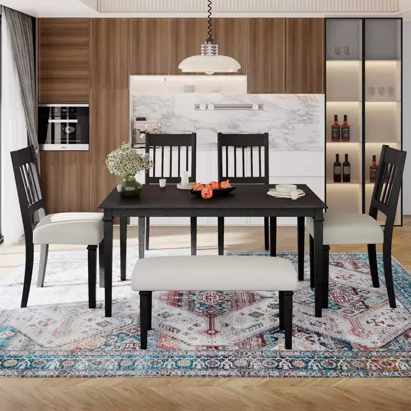 Farmhouse Dining Room Set for 6, 6 Pieces Wooden Rectangular Table and 4 Chairs with Bench for kitchen