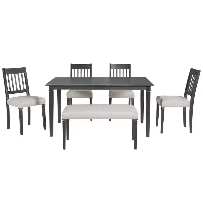 Farmhouse Dining Room Set for 6, 6 Pieces Wooden Rectangular Table and 4 Chairs with Bench for kitchen
