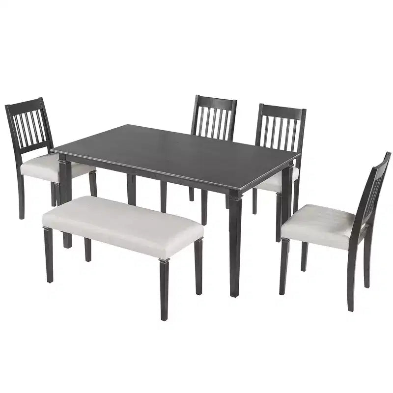 Farmhouse Dining Room Set for 6, 6 Pieces Wooden Rectangular Table and 4 Chairs with Bench for kitchen