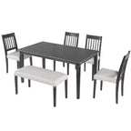 Farmhouse Dining Room Set for 6, 6 Pieces Wooden Rectangular Table and 4 Chairs with Bench for kitchen