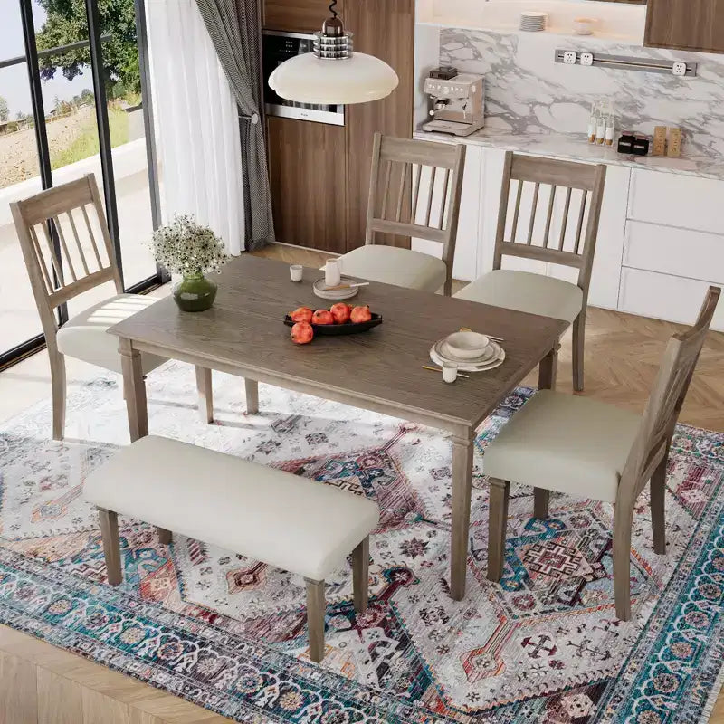 Farmhouse Dining Room Set for 6, 6 Pieces Wooden Rectangular Table and 4 Chairs with Bench for kitchen