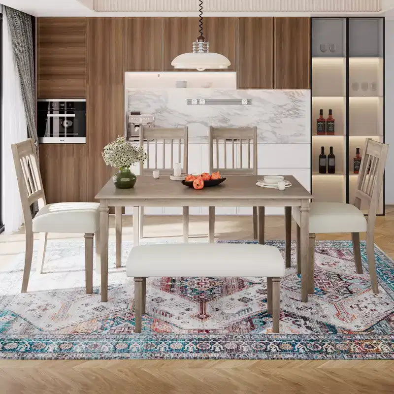 Farmhouse Dining Room Set for 6, 6 Pieces Wooden Rectangular Table and 4 Chairs with Bench for kitchen