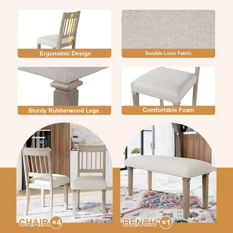 Farmhouse Dining Room Set for 6, 6 Pieces Wooden Rectangular Table and 4 Chairs with Bench for kitchen