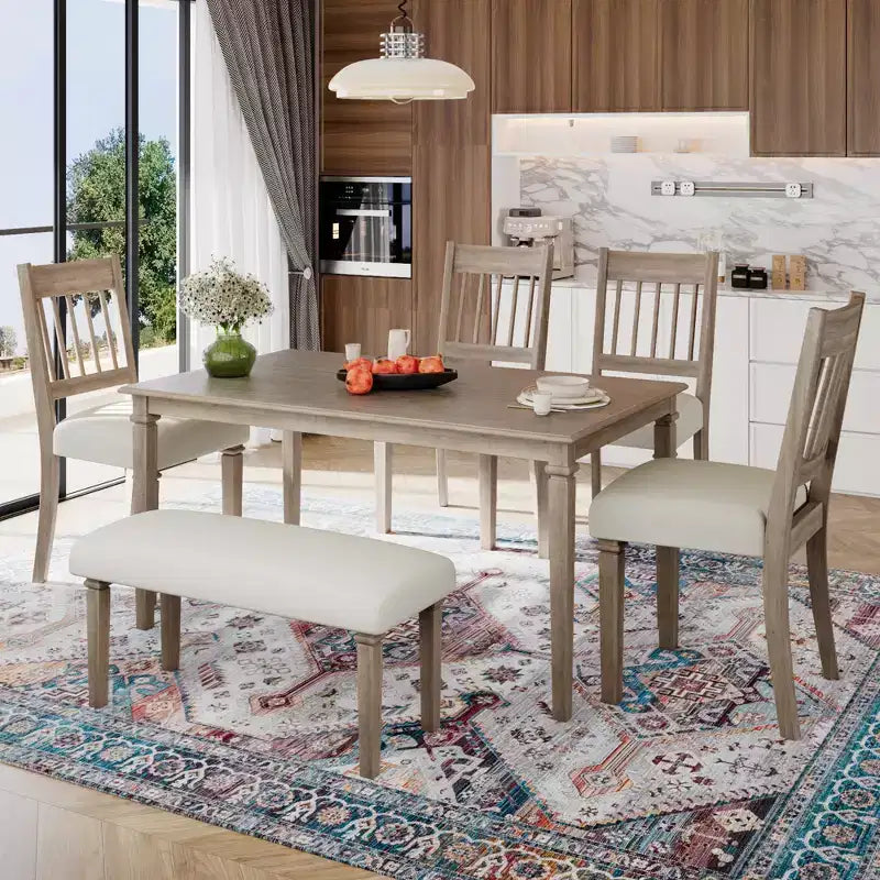 Farmhouse Dining Room Set for 6, 6 Pieces Wooden Rectangular Table and 4 Chairs with Bench for kitchen