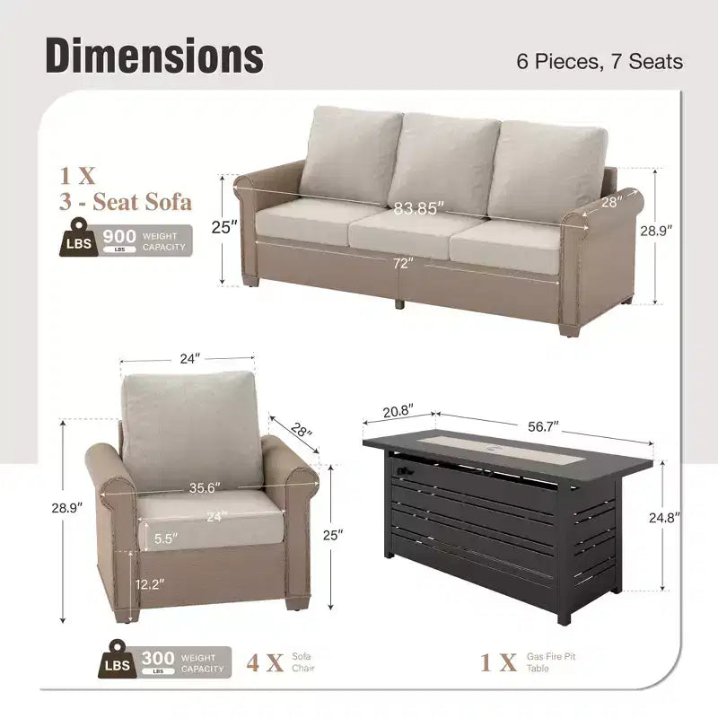 Captiva Designs Luxury Wicker Patio Conversation Fire Pit Set with Curved Armrests with Cushions