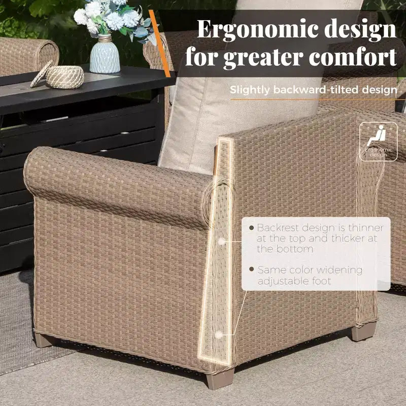 Captiva Designs Luxury Wicker Patio Conversation Fire Pit Set with Curved Armrests with Cushions