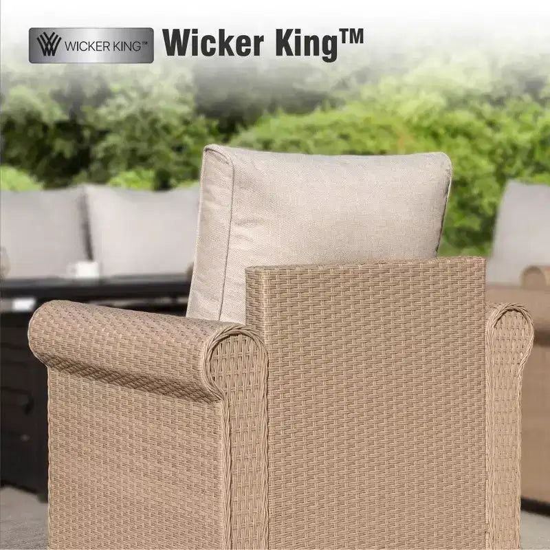 Captiva Designs Luxury Wicker Patio Conversation Fire Pit Set with Curved Armrests with Cushions