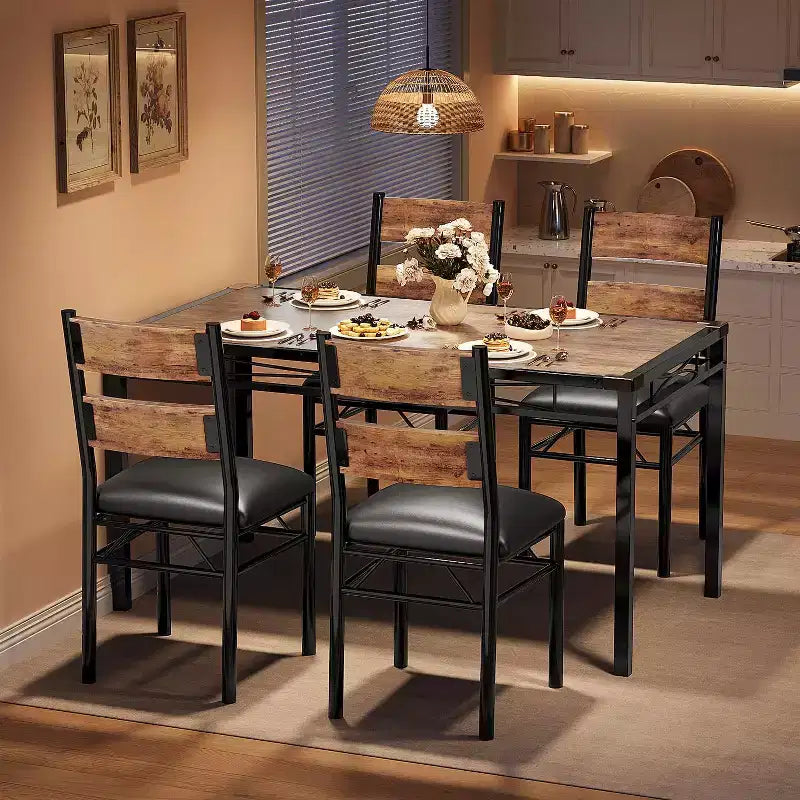 Eettafelset, eetkamertafelset met hoekbescherming, houten keukentafel en stoelenset met gestoffeerde stoelen voor keuken of appartement
