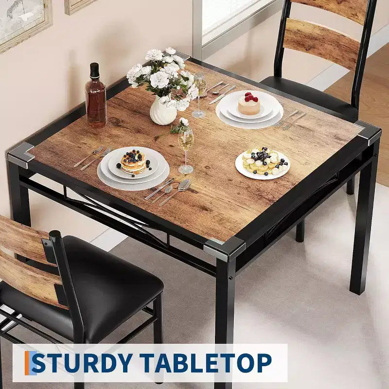 Eettafelset, eetkamertafelset met hoekbescherming, houten keukentafel en stoelenset met gestoffeerde stoelen voor keuken of appartement