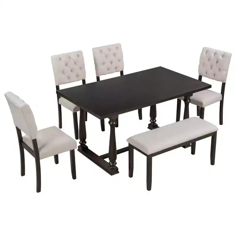 Eettafelset voor 6 personen met bank, rechthoekige tafel en 4 gestoffeerde stoelen voor de keuken