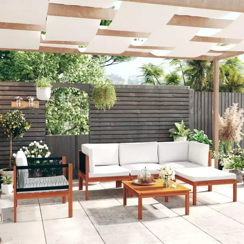vidaXL loungeset voor terras van acaciahout met kussens - crème - ideaal voor tuin, terras en woonkamer - inclusief bank, fauteuil, voetenbank en tafel