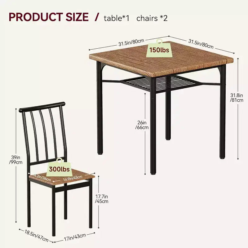 Rustieke eetset met 3 delen – vierkante tafel en stoelen voor 2 personen met wijnrek, voor kleine keukens