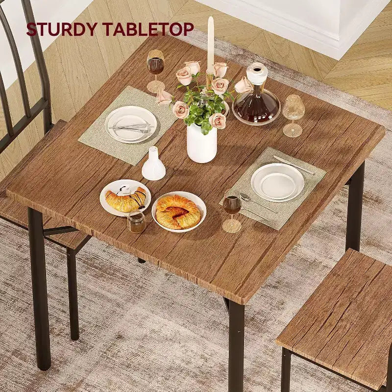 Rustieke eetset met 3 delen – vierkante tafel en stoelen voor 2 personen met wijnrek, voor kleine keukens