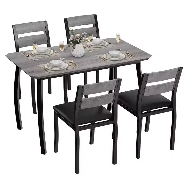 5-delige eetkamerset voor 4 personen, ruimtebesparende keukentafel met gestoffeerde stoelen en modern schuin hoekontwerp