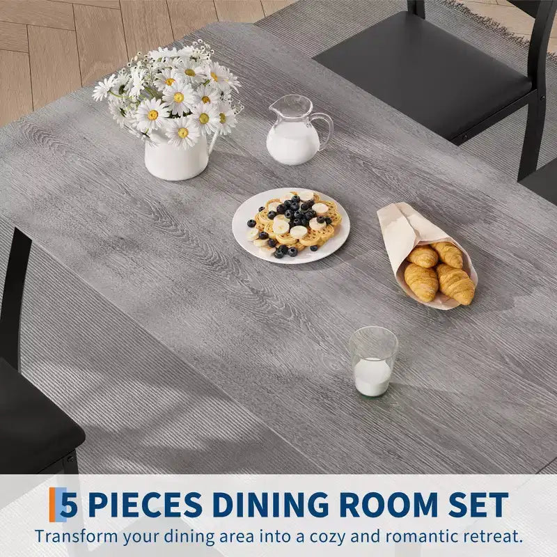 5-delige eetkamerset voor 4 personen, ruimtebesparende keukentafel met gestoffeerde stoelen en modern schuin hoekontwerp