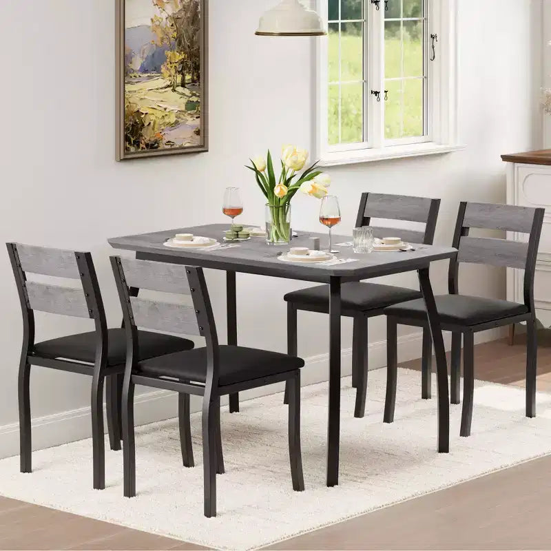 5-delige eetkamerset voor 4 personen, ruimtebesparende keukentafel met gestoffeerde stoelen en modern schuin hoekontwerp