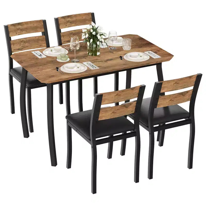 5-delige eetkamerset voor 4 personen, ruimtebesparende keukentafel met gestoffeerde stoelen en modern schuin hoekontwerp