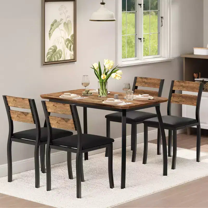 5-delige eetkamerset voor 4 personen, ruimtebesparende keukentafel met gestoffeerde stoelen en modern schuin hoekontwerp