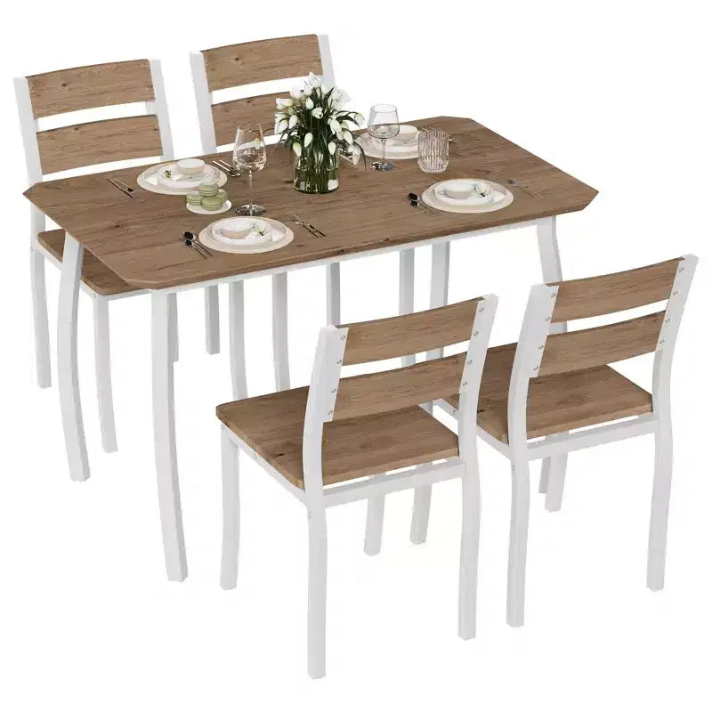 5-delige eetkamerset voor 4 personen, ruimtebesparende keukentafel met gestoffeerde stoelen en modern schuin hoekontwerp