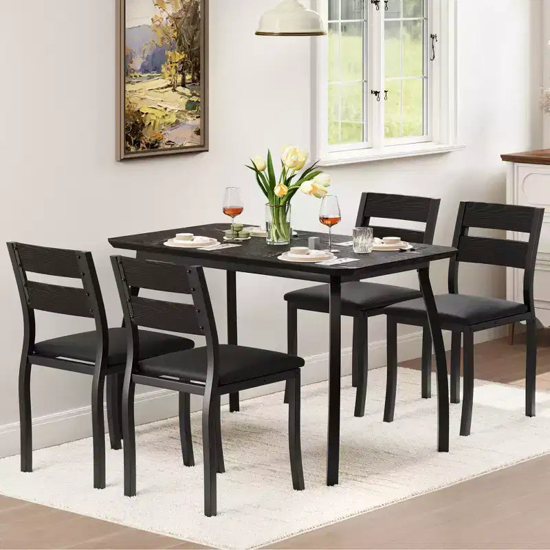 5-delige eetkamerset voor 4 personen, ruimtebesparende keukentafel met gestoffeerde stoelen en modern schuin hoekontwerp