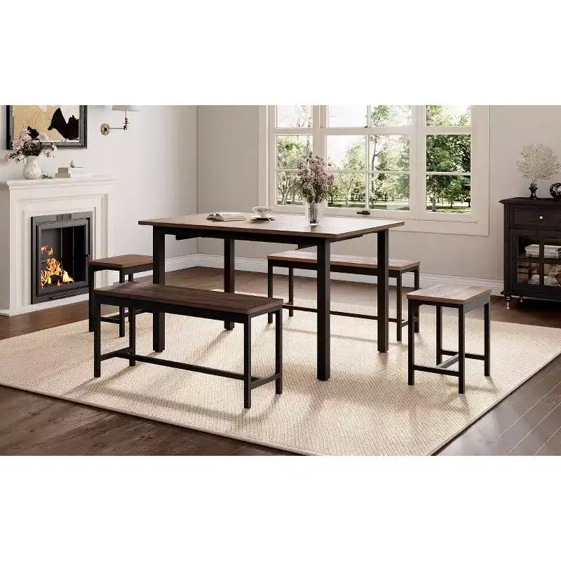 5-delige uitschuifbare eetkamerset, keukentafel met 2 stoelen en 2 banken, keukeneetset voor 4-6 personen, ruimtebesparende ontbijttafel