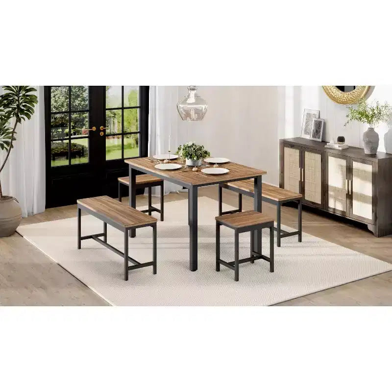 5-delige uitschuifbare eetkamerset, keukentafel met 2 stoelen en 2 banken, keukeneetset voor 4-6 personen, ruimtebesparende ontbijttafel