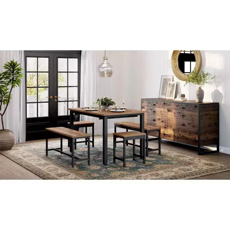 5-delige uitschuifbare eetkamerset, keukentafel met 2 stoelen en 2 banken, keukeneetset voor 4-6 personen, ruimtebesparende ontbijttafel