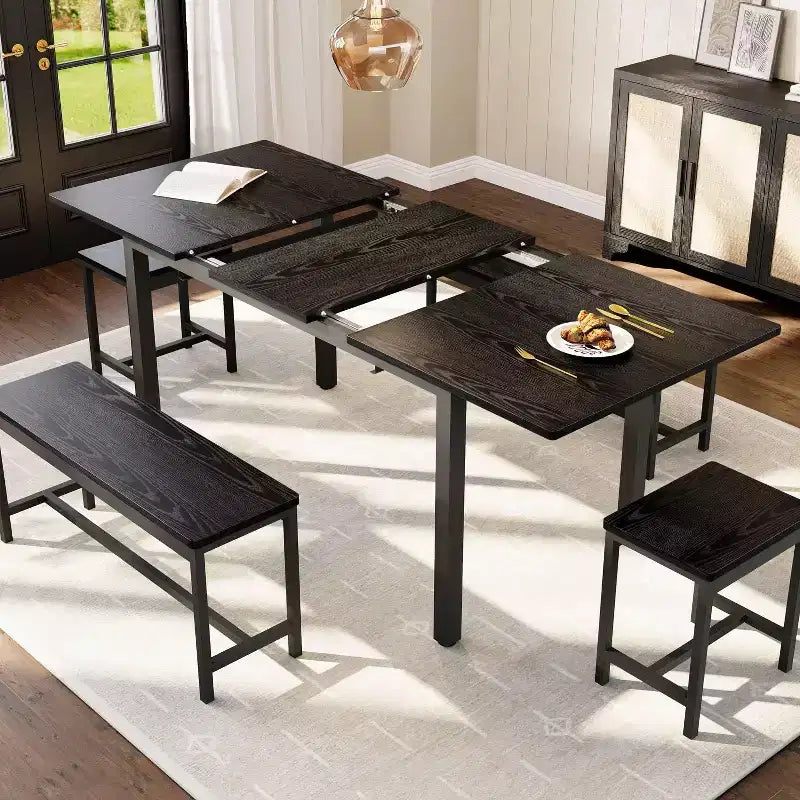 5-delige uitschuifbare eetkamerset, keukentafel met 2 stoelen en 2 banken, keukeneetset voor 4-6 personen, ruimtebesparende ontbijttafel