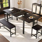5-delige uitschuifbare eetkamerset, keukentafel met 2 stoelen en 2 banken, keukeneetset voor 4-6 personen, ruimtebesparende ontbijttafel