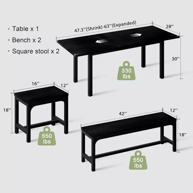 5-delige uitschuifbare eetkamerset, keukentafel met 2 stoelen en 2 banken, keukeneetset voor 4-6 personen, ruimtebesparende ontbijttafel