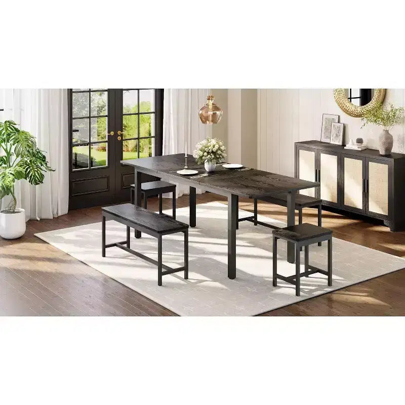 5-delige uitschuifbare eetkamerset, keukentafel met 2 stoelen en 2 banken, keukeneetset voor 4-6 personen, ruimtebesparende ontbijttafel