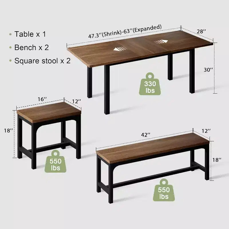 5-delige uitschuifbare eetkamerset, keukentafel met 2 stoelen en 2 banken, keukeneetset voor 4-6 personen, ruimtebesparende ontbijttafel