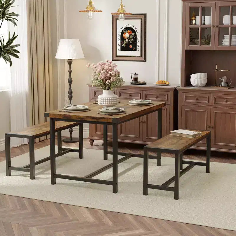 Eettafelset voor 4 personen, keukentafel met banken, rechthoekige eetkamertafelset met 2 metalen houten banken, voor kleine ruimtes, appartementen en studio's