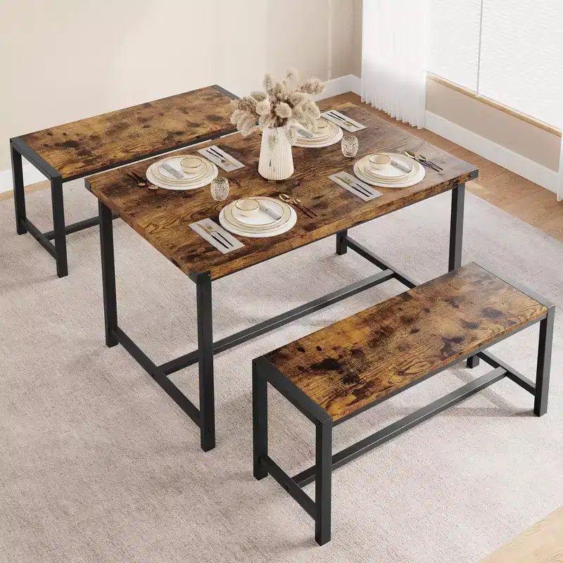 Eettafelset voor 4 personen, keukentafel met banken, rechthoekige eetkamertafelset met 2 metalen houten banken, voor kleine ruimtes, appartementen en studio's