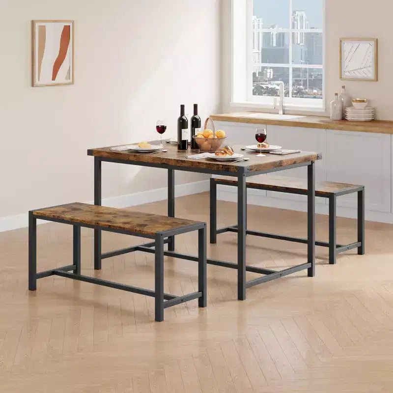 Eettafelset voor 4 personen, keukentafel met banken, rechthoekige eetkamertafelset met 2 metalen houten banken, voor kleine ruimtes, appartementen en studio's