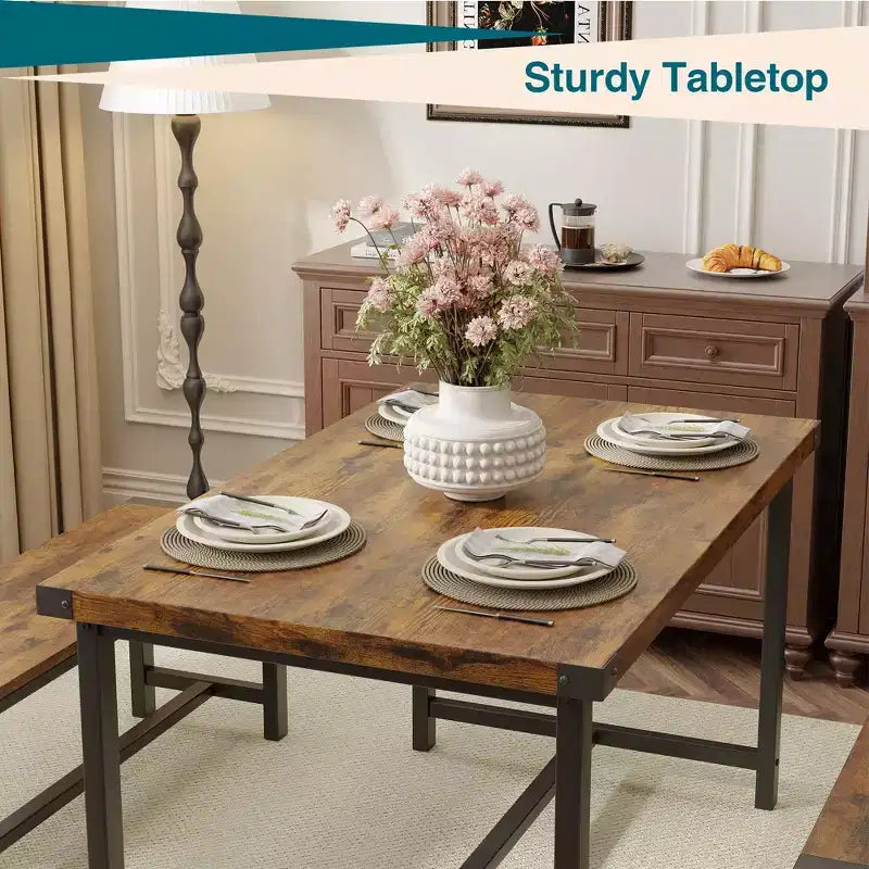 Eettafelset voor 4 personen, keukentafel met banken, rechthoekige eetkamertafelset met 2 metalen houten banken, voor kleine ruimtes, appartementen en studio's
