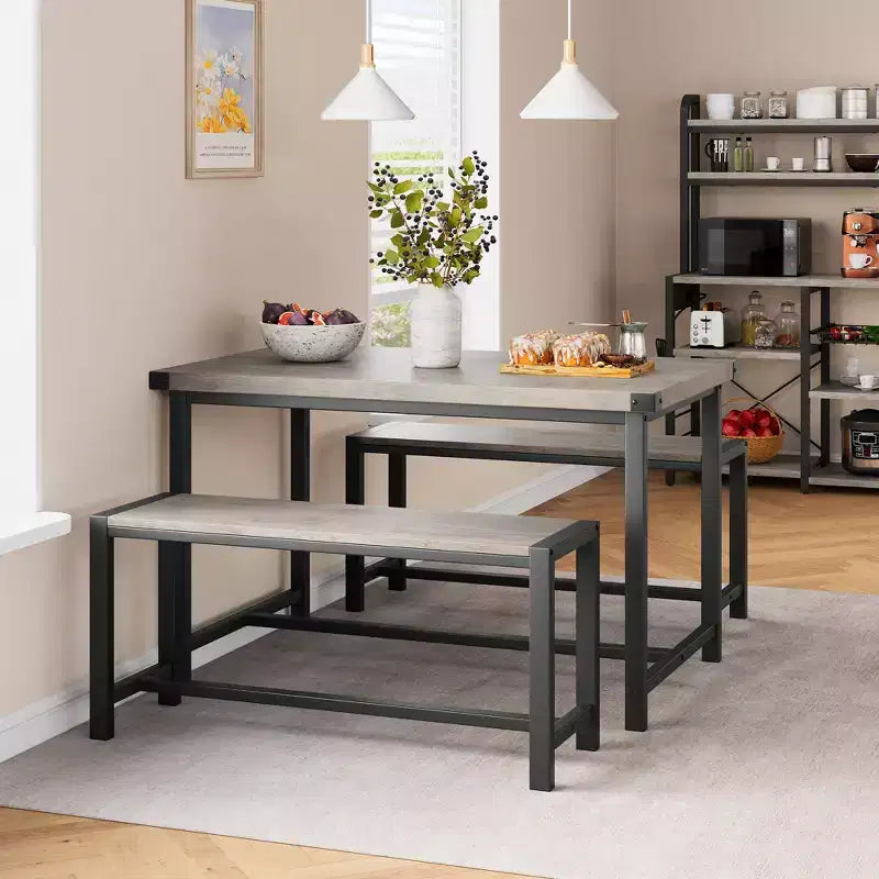 Eettafelset voor 4 personen, keukentafel met banken, rechthoekige eetkamertafelset met 2 metalen houten banken, voor kleine ruimtes, appartementen en studio's