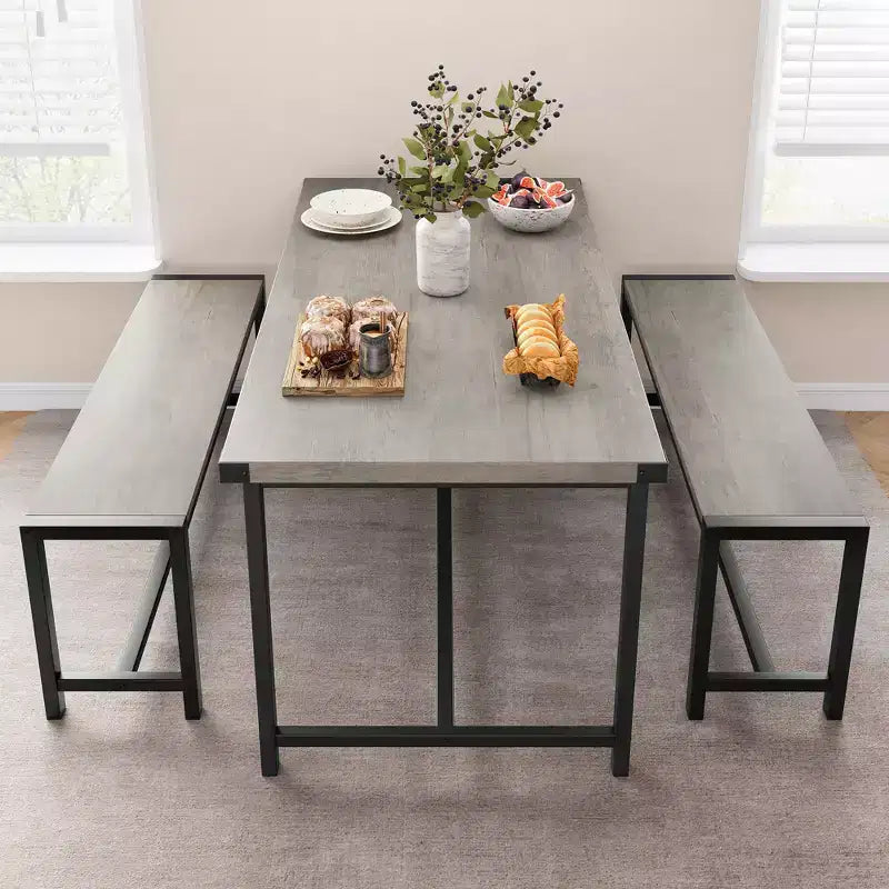 Eettafelset voor 4 personen, keukentafel met banken, rechthoekige eetkamertafelset met 2 metalen houten banken, voor kleine ruimtes, appartementen en studio's
