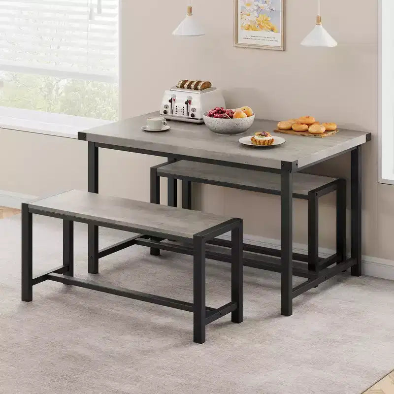 Eettafelset voor 4 personen, keukentafel met banken, rechthoekige eetkamertafelset met 2 metalen houten banken, voor kleine ruimtes, appartementen en studio's