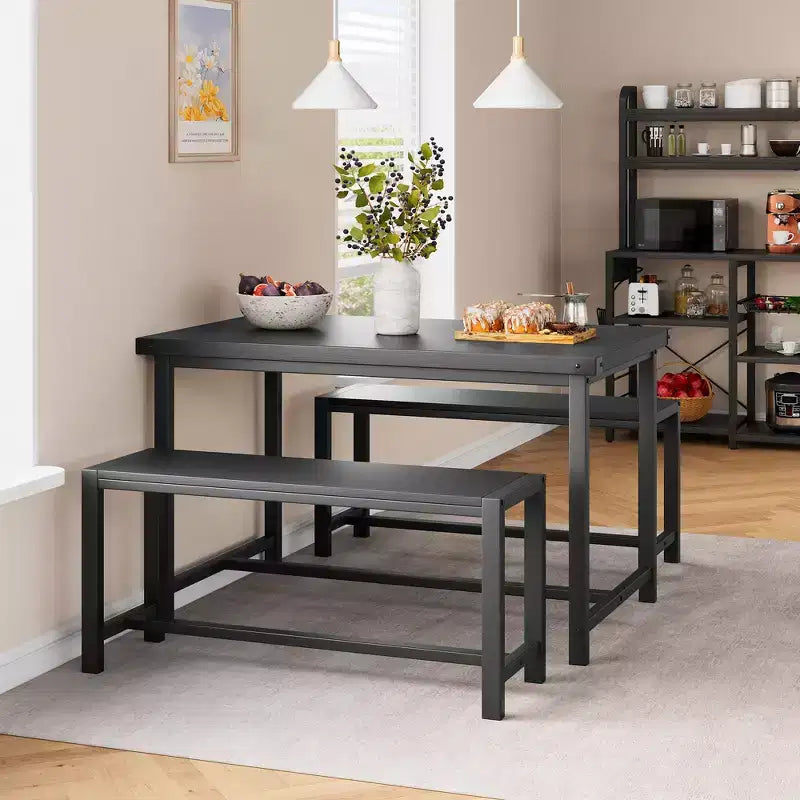 Eettafelset voor 4 personen, keukentafel met banken, rechthoekige eetkamertafelset met 2 metalen houten banken, voor kleine ruimtes, appartementen en studio's