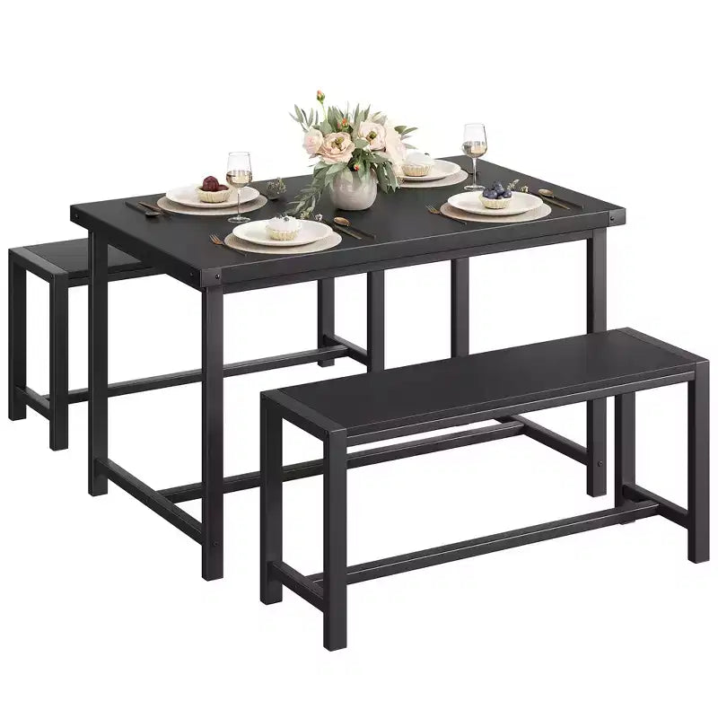 Dining Table Set for 4, Kitchen Table with Benches, Rectangular Dining Room Table Set with 2 Metal Wood Benches, for Small Space, Apartment, Studio