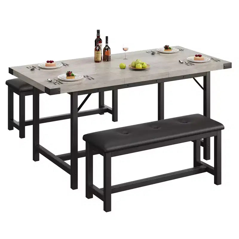 Eettafelset voor 4–6 personen, 63 inch uitschuifbare keukentafel met bank, rechthoekige tafelset met metalen frame en 2 gestoffeerde banken voor eetkamer of appartement
