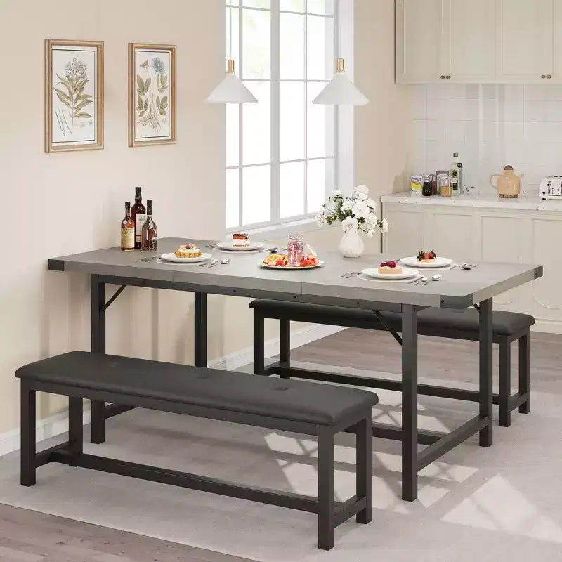 Eettafelset voor 4–6 personen, 63 inch uitschuifbare keukentafel met bank, rechthoekige tafelset met metalen frame en 2 gestoffeerde banken voor eetkamer of appartement