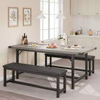 Eettafelset voor 4–6 personen, 63 inch uitschuifbare keukentafel met bank, rechthoekige tafelset met metalen frame en 2 gestoffeerde banken voor eetkamer of appartement