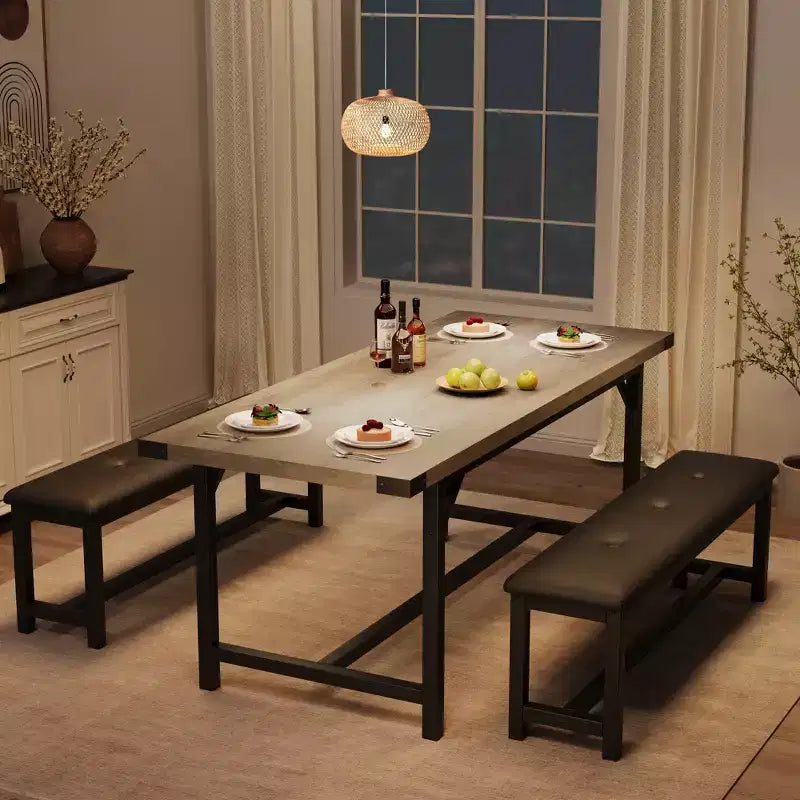 Eettafelset voor 4–6 personen, 63 inch uitschuifbare keukentafel met bank, rechthoekige tafelset met metalen frame en 2 gestoffeerde banken voor eetkamer of appartement