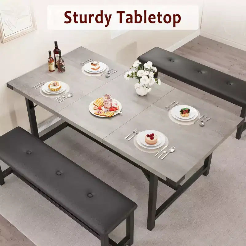 Eettafelset voor 4–6 personen, 63 inch uitschuifbare keukentafel met bank, rechthoekige tafelset met metalen frame en 2 gestoffeerde banken voor eetkamer of appartement