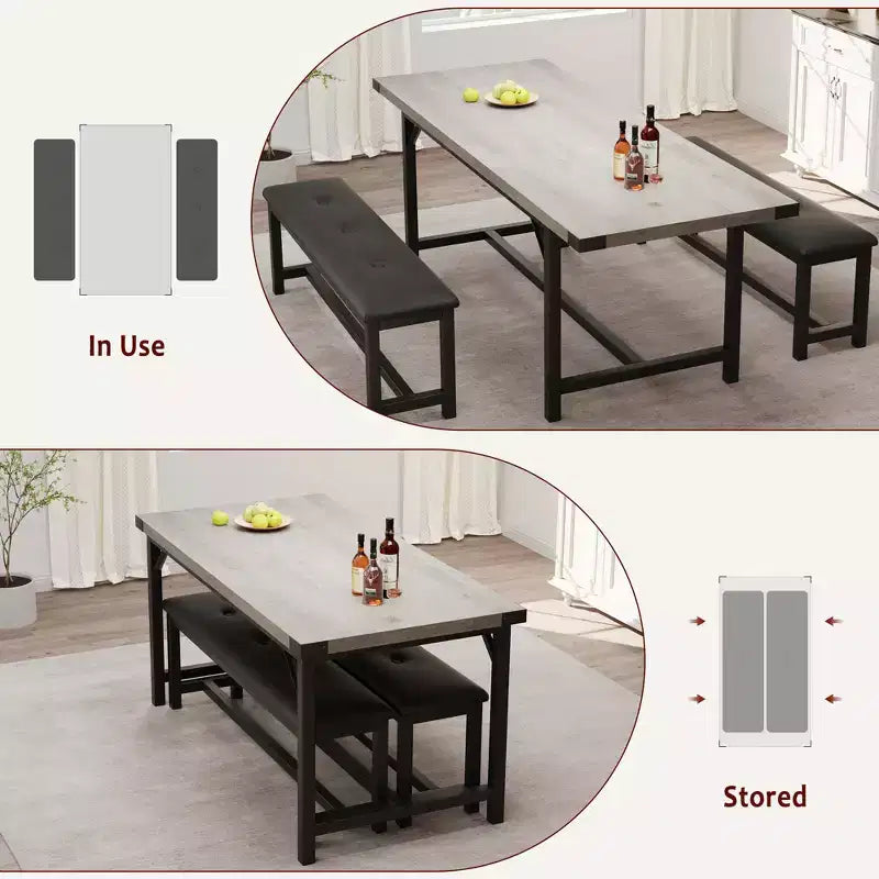 Eettafelset voor 4–6 personen, 63 inch uitschuifbare keukentafel met bank, rechthoekige tafelset met metalen frame en 2 gestoffeerde banken voor eetkamer of appartement