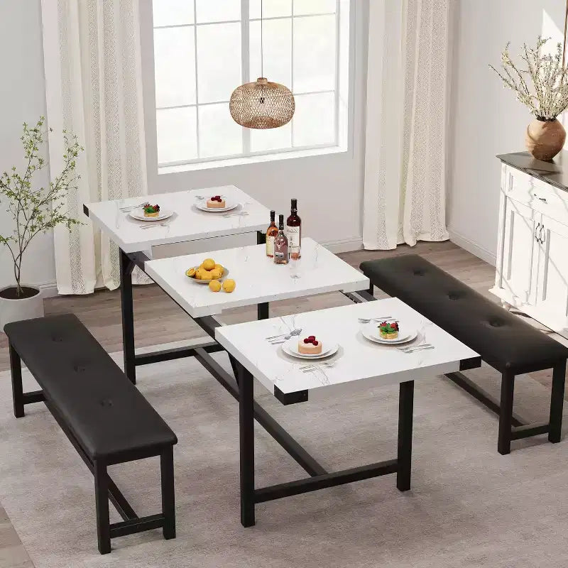 Eettafelset voor 4–6 personen, 63 inch uitschuifbare keukentafel met bank, rechthoekige tafelset met metalen frame en 2 gestoffeerde banken voor eetkamer of appartement