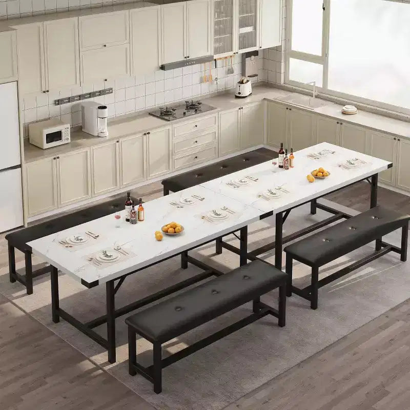 Eettafelset voor 4–6 personen, 63 inch uitschuifbare keukentafel met bank, rechthoekige tafelset met metalen frame en 2 gestoffeerde banken voor eetkamer of appartement