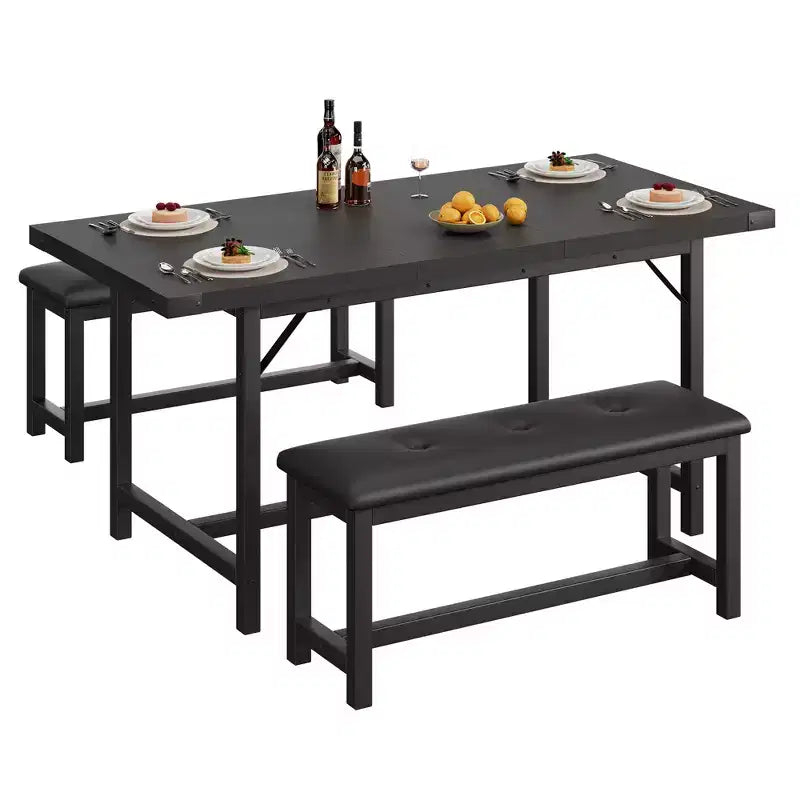 Eettafelset voor 4–6 personen, 63 inch uitschuifbare keukentafel met bank, rechthoekige tafelset met metalen frame en 2 gestoffeerde banken voor eetkamer of appartement